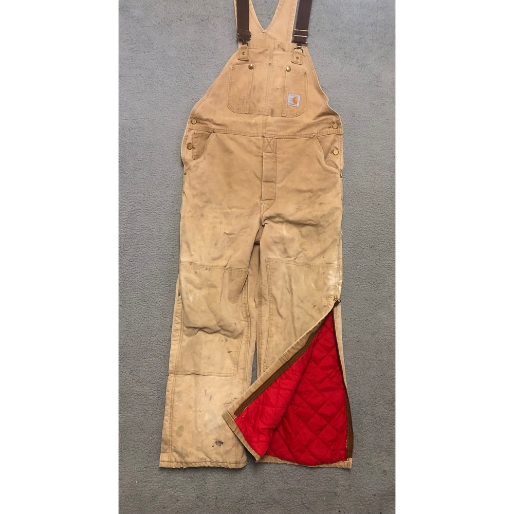Vintage Carhartt 100 Year Anniversary Quilt Lined Overalls Tan Duck Canvas 40x29